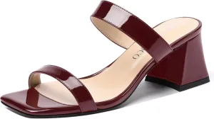 MODENCOCO Women's Block Dating Slip On Square Toe Mules Patent Casual Open Toe Chunky Mid Heel Heeled Sandals 2.5 Inch