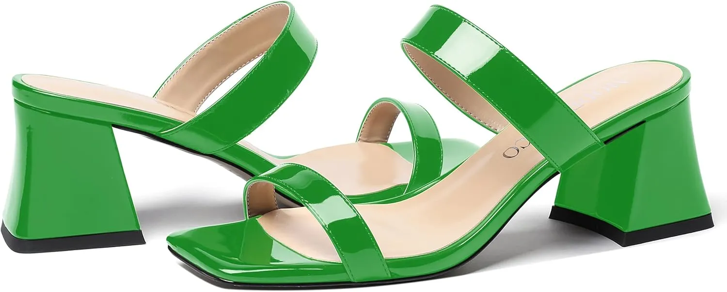 MODENCOCO Women's Block Dating Slip On Square Toe Mules Patent Casual Open Toe Chunky Mid Heel Heeled Sandals 2.5 Inch