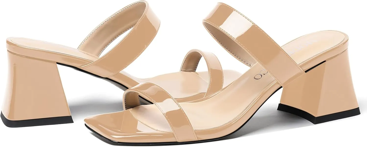 MODENCOCO Women's Block Dating Slip On Square Toe Mules Patent Casual Open Toe Chunky Mid Heel Heeled Sandals 2.5 Inch