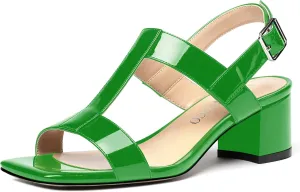 MODENCOCO Women's Buckle Dressy Patent Comfortable Dating Ankle Strap Open Toe Chunky Low Heel Heeled Sandals 2 Inch