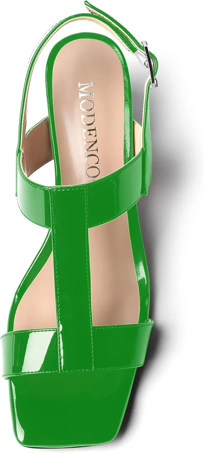 MODENCOCO Women's Buckle Dressy Patent Comfortable Dating Ankle Strap Open Toe Chunky Low Heel Heeled Sandals 2 Inch