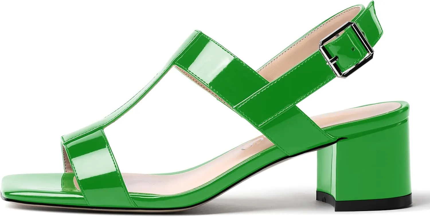 MODENCOCO Women's Buckle Dressy Patent Comfortable Dating Ankle Strap Open Toe Chunky Low Heel Heeled Sandals 2 Inch