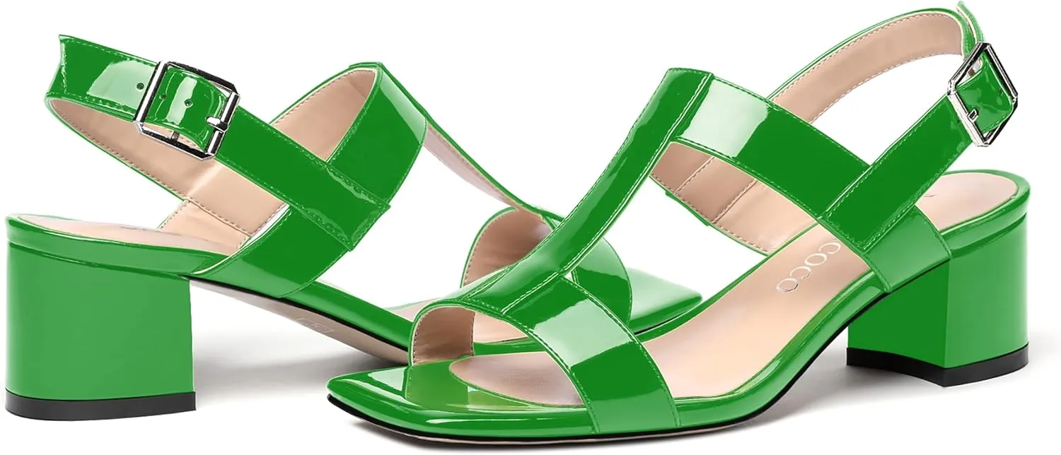MODENCOCO Women's Buckle Dressy Patent Comfortable Dating Ankle Strap Open Toe Chunky Low Heel Heeled Sandals 2 Inch
