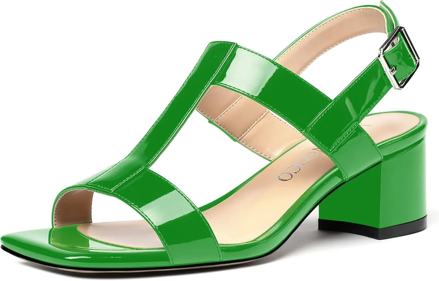 MODENCOCO Women's Buckle Dressy Patent Comfortable Dating Ankle Strap Open Toe Chunky Low Heel Heeled Sandals 2 Inch