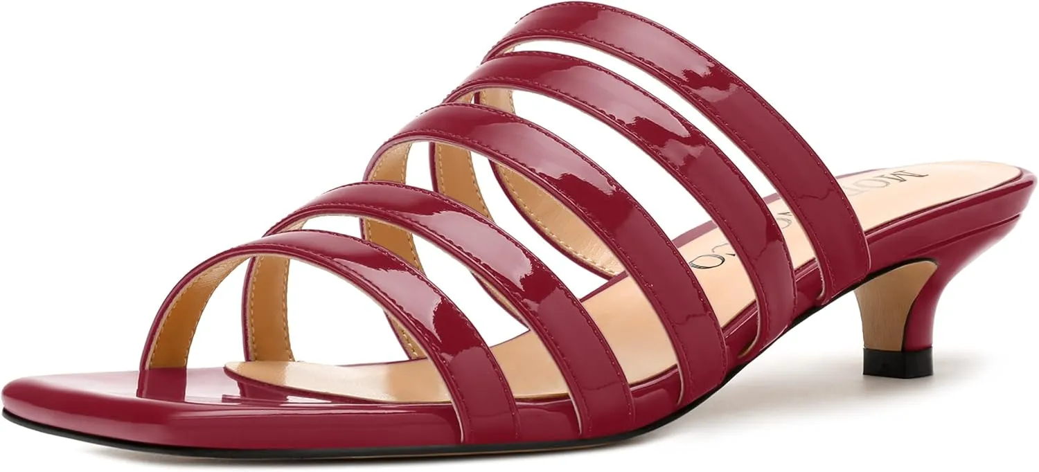 MODENCOCO Women's Strappy Kitten Heeled Sandals Square Open Toe Slip On Patent Low Slide Heels for Daily Party Wedding Dress Shoes
