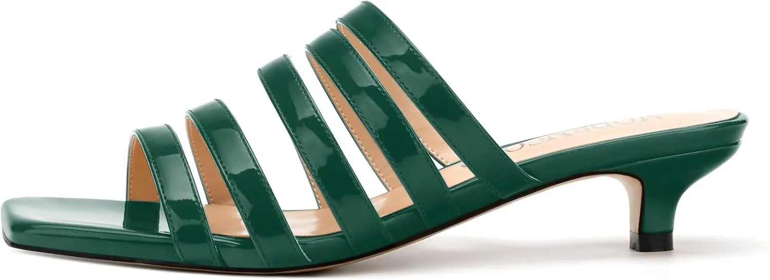 MODENCOCO Women's Strappy Kitten Heeled Sandals Square Open Toe Slip On Patent Low Slide Heels for Daily Party Wedding Dress Shoes
