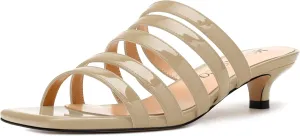MODENCOCO Women's Strappy Kitten Heeled Sandals Square Open Toe Slip On Patent Low Slide Heels for Daily Party Wedding Dress Shoes