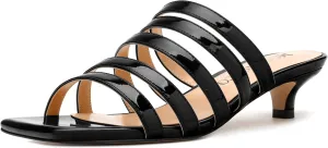 MODENCOCO Women's Strappy Kitten Heeled Sandals Square Open Toe Slip On Patent Low Slide Heels for Daily Party Wedding Dress Shoes