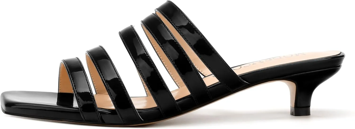 MODENCOCO Women's Strappy Kitten Heeled Sandals Square Open Toe Slip On Patent Low Slide Heels for Daily Party Wedding Dress Shoes