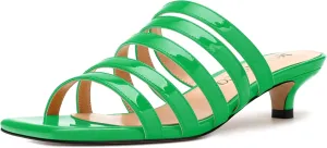 MODENCOCO Women's Strappy Kitten Heeled Sandals Square Open Toe Slip On Patent Low Slide Heels for Daily Party Wedding Dress Shoes