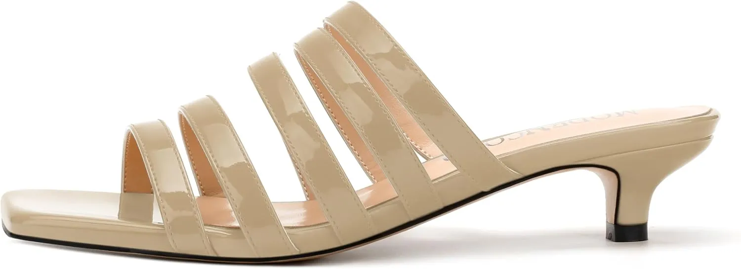 MODENCOCO Women's Strappy Kitten Heeled Sandals Square Open Toe Slip On Patent Low Slide Heels for Daily Party Wedding Dress Shoes