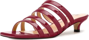 MODENCOCO Women's Strappy Kitten Heeled Sandals Square Open Toe Slip On Patent Low Slide Heels for Daily Party Wedding Dress Shoes