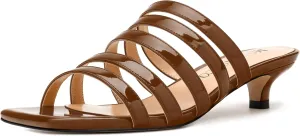 MODENCOCO Women's Strappy Kitten Heeled Sandals Square Open Toe Slip On Patent Low Slide Heels for Daily Party Wedding Dress Shoes