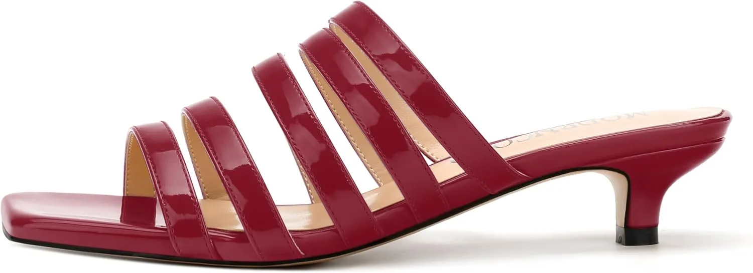 MODENCOCO Women's Strappy Kitten Heeled Sandals Square Open Toe Slip On Patent Low Slide Heels for Daily Party Wedding Dress Shoes