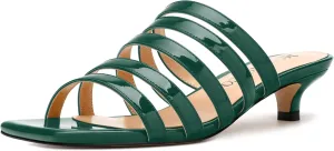 MODENCOCO Women's Strappy Kitten Heeled Sandals Square Open Toe Slip On Patent Low Slide Heels for Daily Party Wedding Dress Shoes