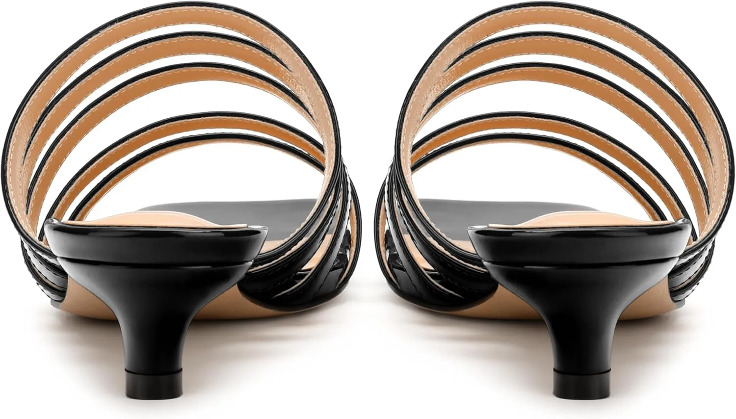 MODENCOCO Women's Strappy Kitten Heeled Sandals Square Open Toe Slip On Patent Low Slide Heels for Daily Party Wedding Dress Shoes