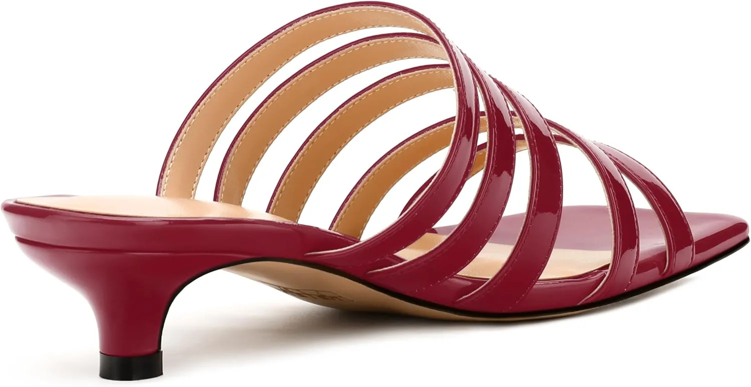 MODENCOCO Women's Strappy Kitten Heeled Sandals Square Open Toe Slip On Patent Low Slide Heels for Daily Party Wedding Dress Shoes