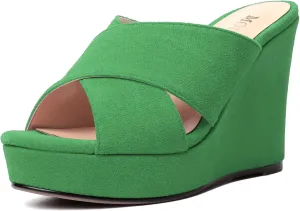 MODENCOCO Womens Suede Platform Slip On Open Toe Dressy Sexy Party Wedge High Heel Heeled Sandals 4 Inch