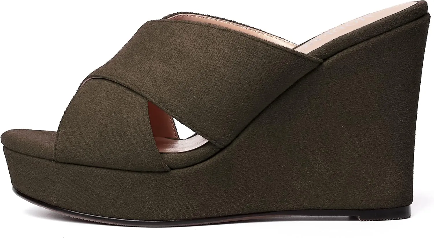 MODENCOCO Womens Suede Platform Slip On Open Toe Dressy Sexy Party Wedge High Heel Heeled Sandals 4 Inch