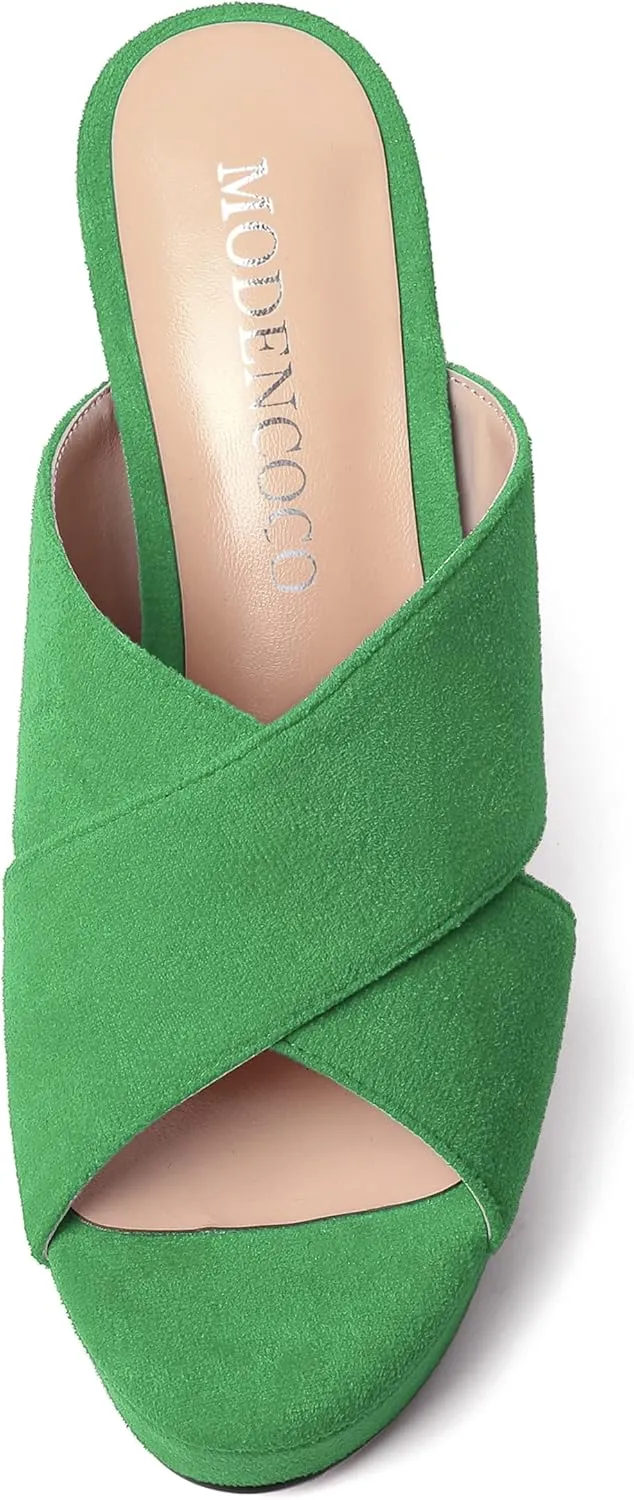 MODENCOCO Womens Suede Platform Slip On Open Toe Dressy Sexy Party Wedge High Heel Heeled Sandals 4 Inch