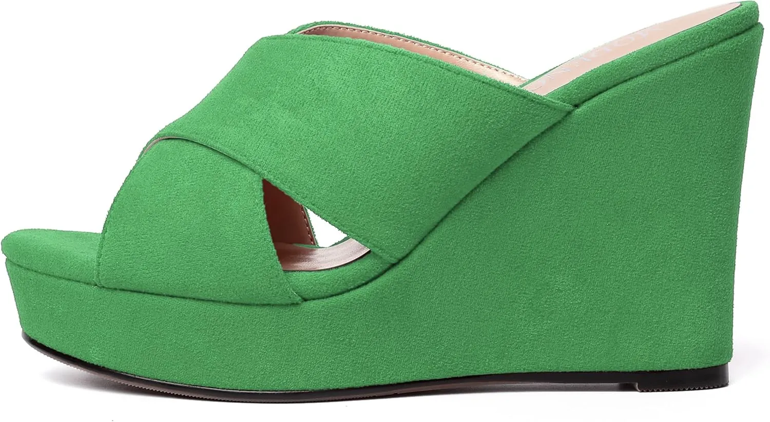 MODENCOCO Womens Suede Platform Slip On Open Toe Dressy Sexy Party Wedge High Heel Heeled Sandals 4 Inch