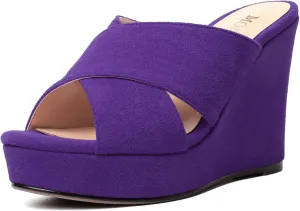 MODENCOCO Womens Suede Platform Slip On Open Toe Dressy Sexy Party Wedge High Heel Heeled Sandals 4 Inch