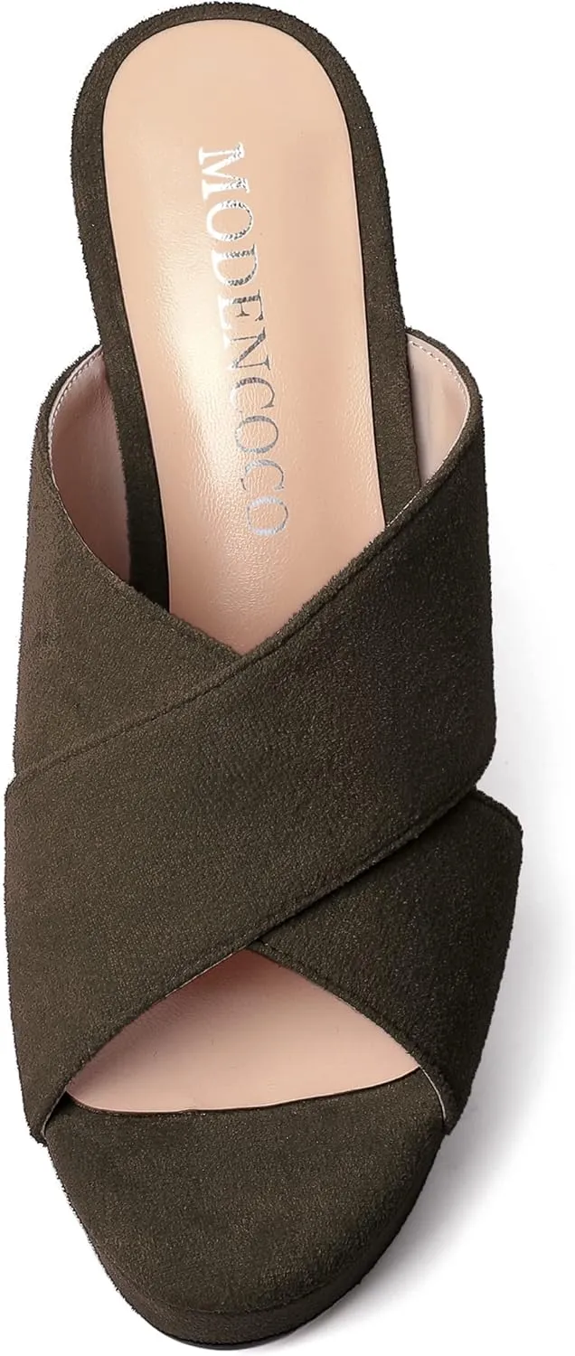 MODENCOCO Womens Suede Platform Slip On Open Toe Dressy Sexy Party Wedge High Heel Heeled Sandals 4 Inch