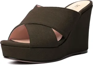 MODENCOCO Womens Suede Platform Slip On Open Toe Dressy Sexy Party Wedge High Heel Heeled Sandals 4 Inch