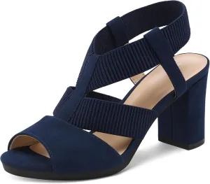 mysoft Women's Heeled Sandals with Elastic Ankle Strap Chunky Block Heel Open Toe Shoes