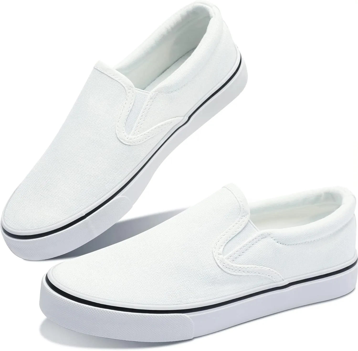 Obtaom Women's White Sneakers Black Slip on Shoes for Women Low Top Canvas Loafers