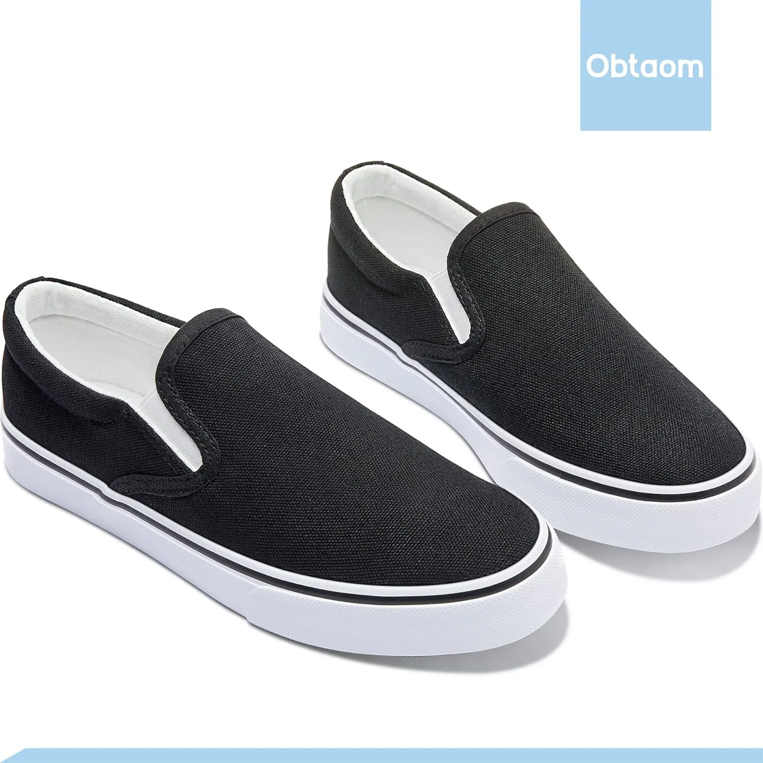 Obtaom Women's White Sneakers Black Slip on Shoes for Women Low Top Canvas Loafers