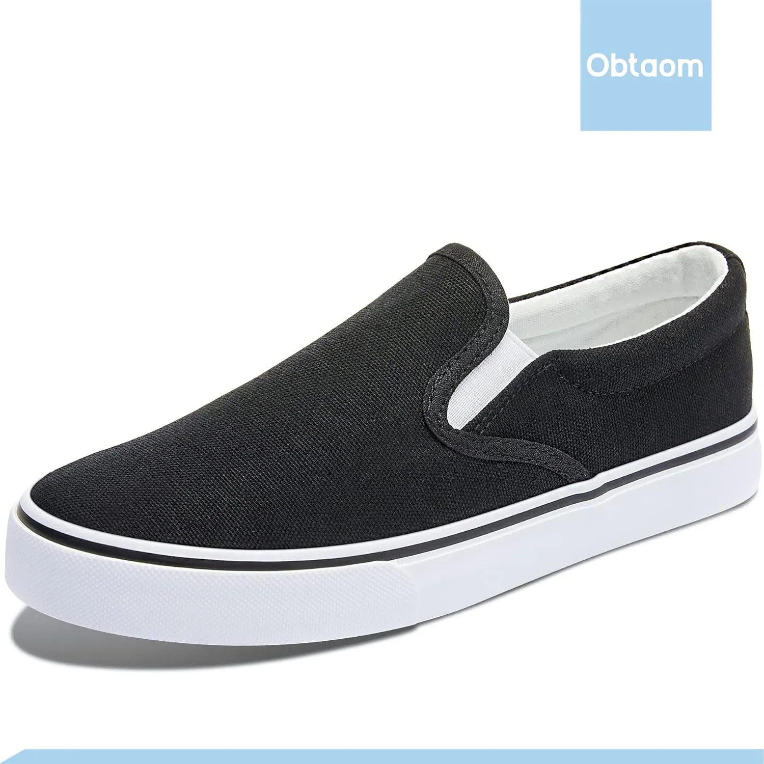 Obtaom Women's White Sneakers Black Slip on Shoes for Women Low Top Canvas Loafers