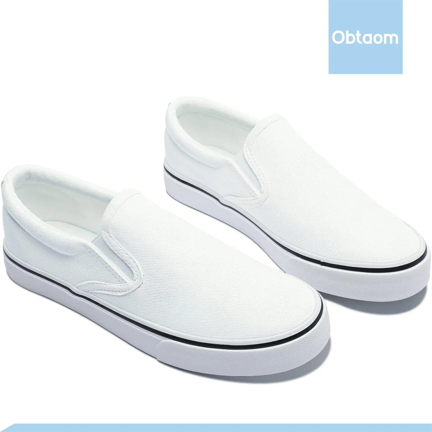 Obtaom Women's White Sneakers Black Slip on Shoes for Women Low Top Canvas Loafers