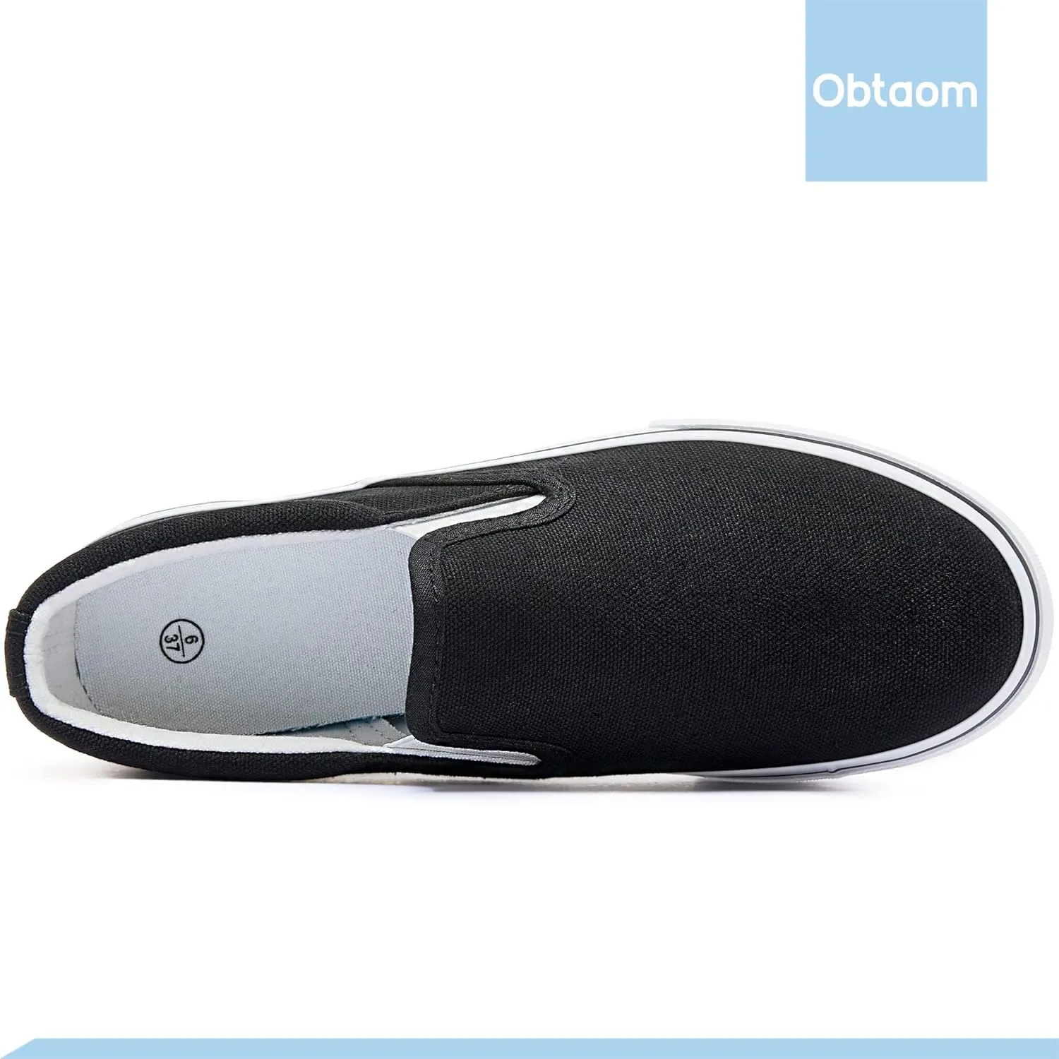 Obtaom Women's White Sneakers Black Slip on Shoes for Women Low Top Canvas Loafers