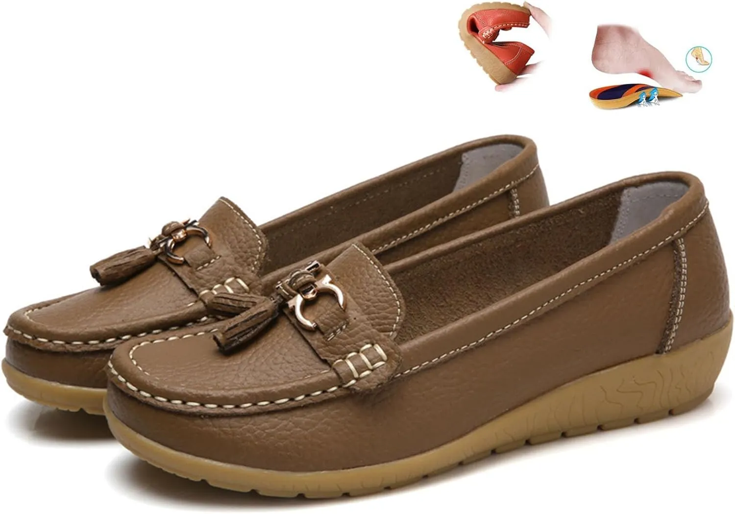 Orthopedic Women Breathable Leather Loafers Slip On Comfortable Walking Shoes for Work Casual Wear with Arch