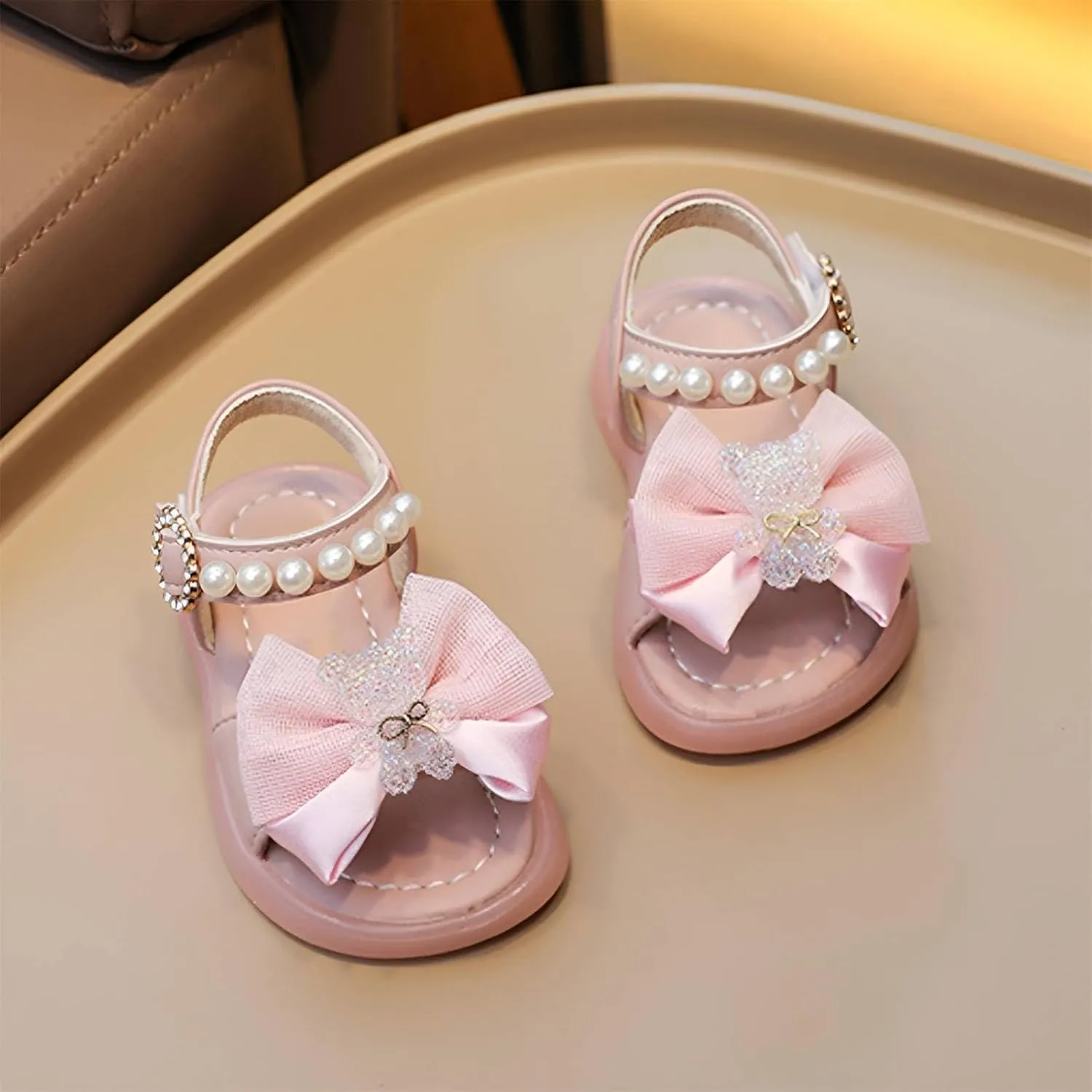 Pearl Bow Sandals for Girls Kids Baby Toddler Rubber Adjusted Strap Water Shoes Pool Beach Summer Shoes Sole Non Slip