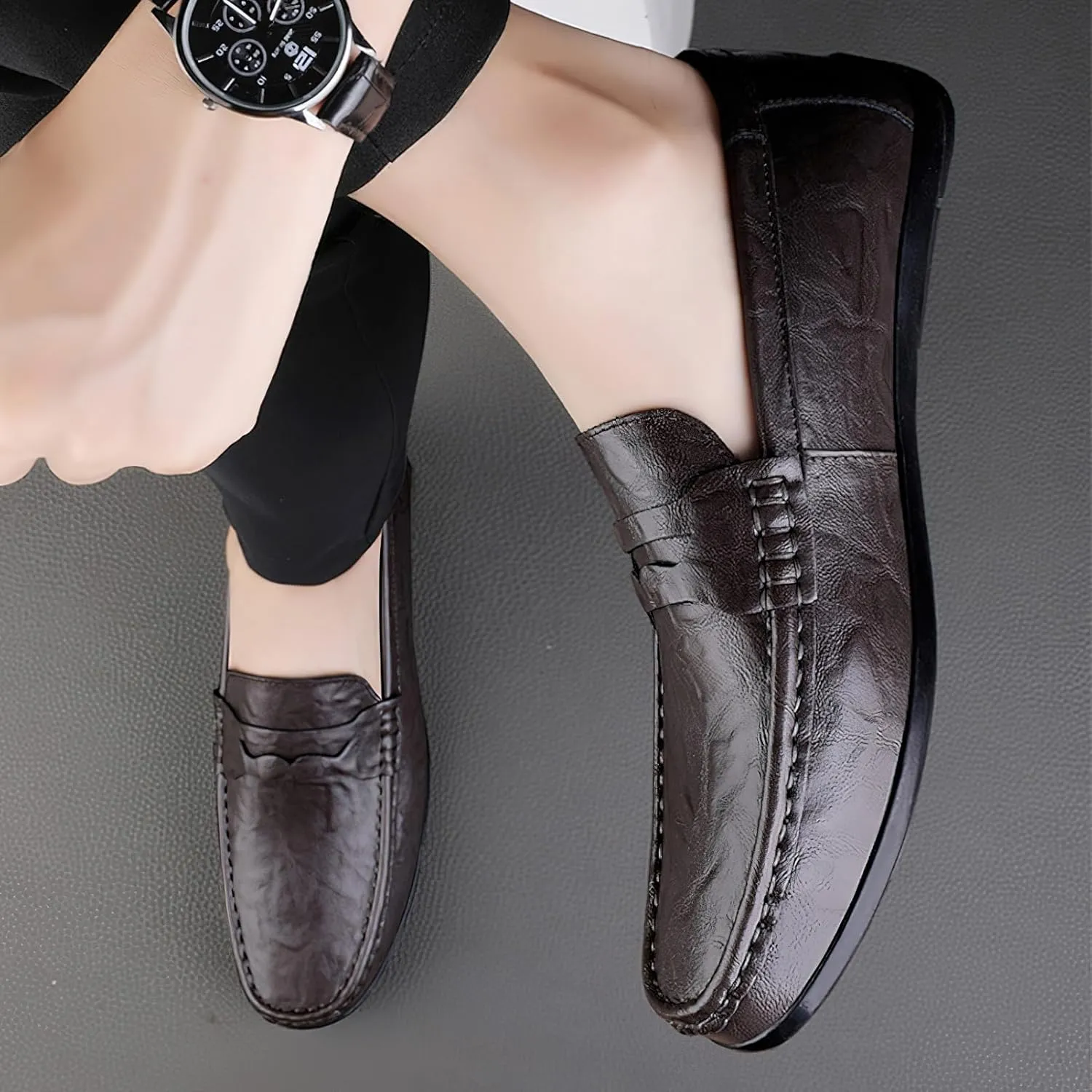 rismart Loafer Flats Men Leather Slip on Driving Shoes Casual Slipper