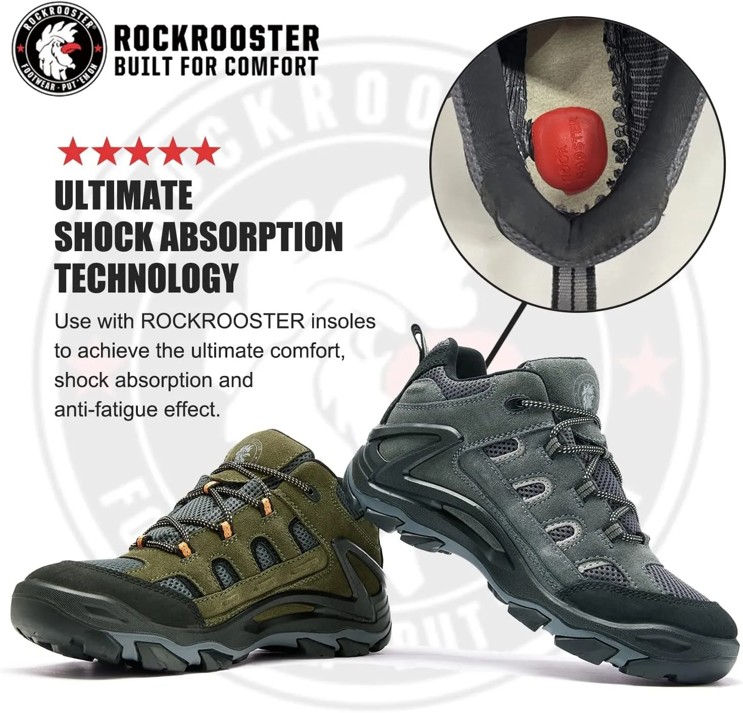 ROCKROOSTER Newland Waterproof Hiking Boots for Men, 4" & 6" Suede Leather Trekking Boots, Anti-Fatigue Outdoor Shoes, Ankle Support, Non-Slip, Comfortable, Shock Absorption KS55
