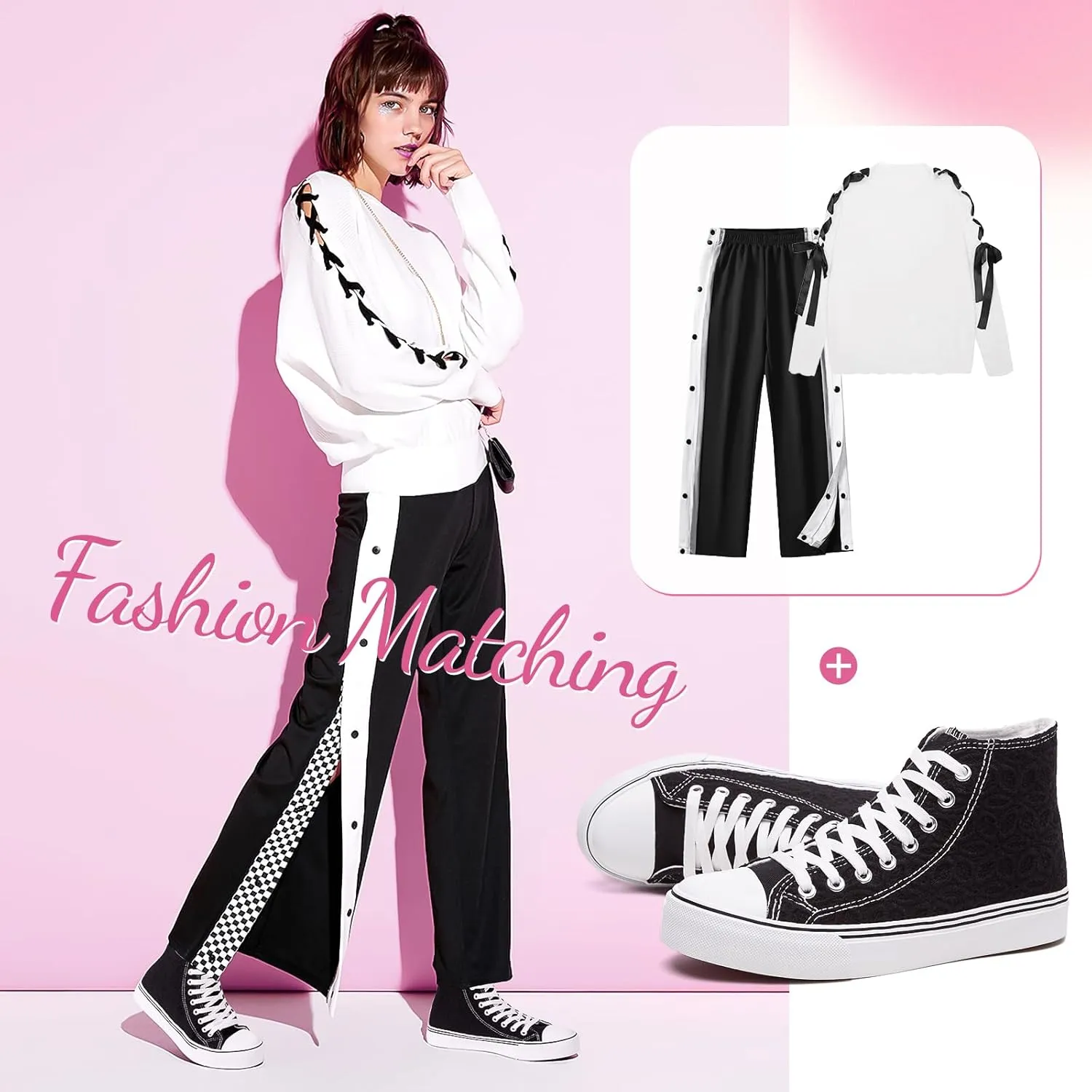 Rominz Women's High Top Canvas Sneakers Fashion Floral Embroidery White & Black Casual Non-Slip Shoes for Women Lightweight Breathable