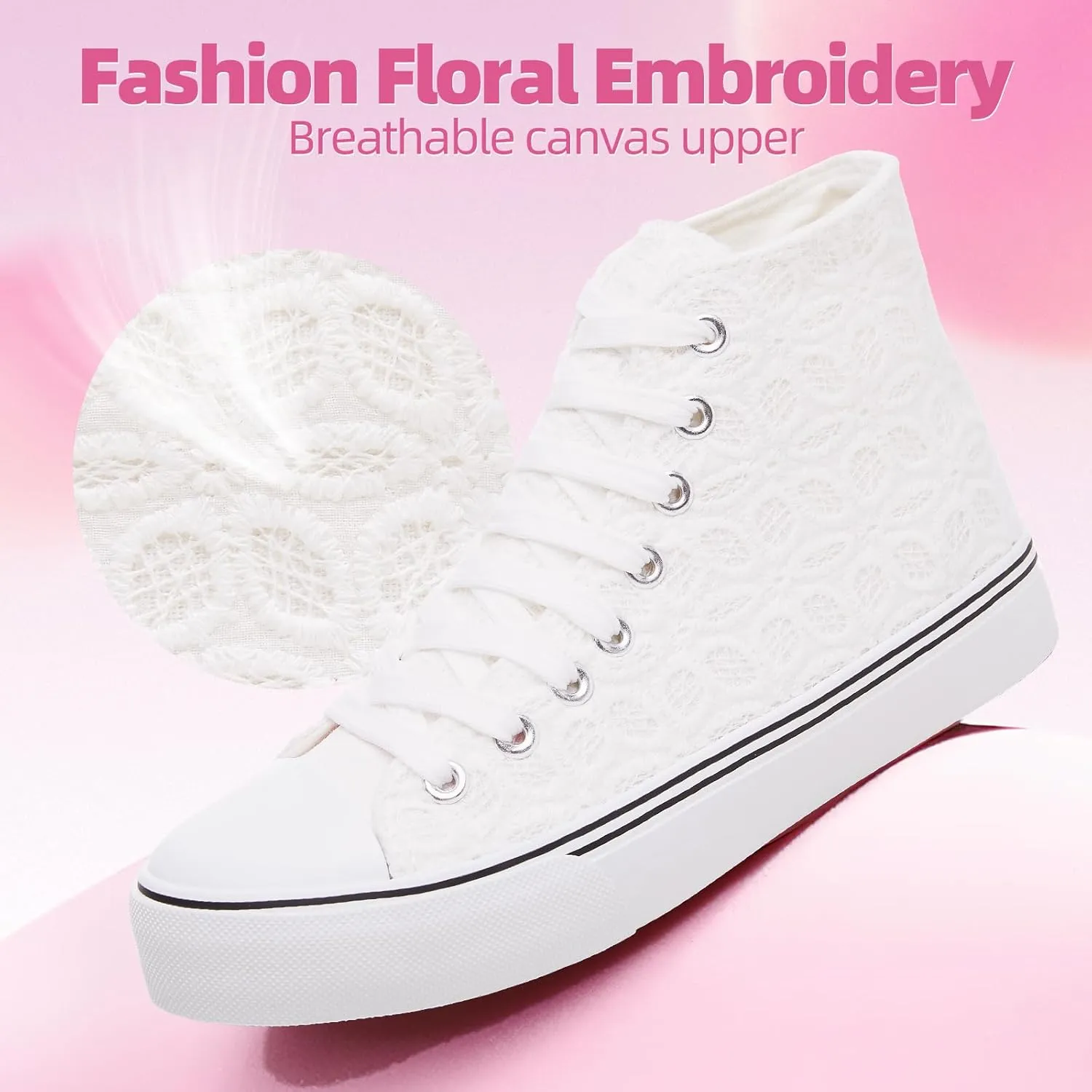 Rominz Women's High Top Canvas Sneakers Fashion Floral Embroidery White & Black Casual Non-Slip Shoes for Women Lightweight Breathable