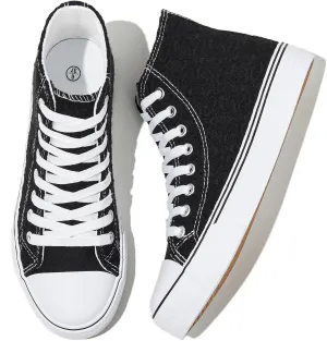 Rominz Women's High Top Canvas Sneakers Fashion Floral Embroidery White & Black Casual Non-Slip Shoes for Women Lightweight Breathable