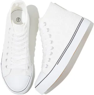 Rominz Women's High Top Canvas Sneakers Fashion Floral Embroidery White & Black Casual Non-Slip Shoes for Women Lightweight Breathable