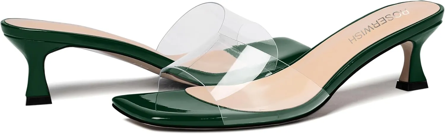 ROSERWISH Womens Dating Clear Transparent Open Toe Slip On Dress Patent Kitten Low Heel Heeled Sandals 2 Inch