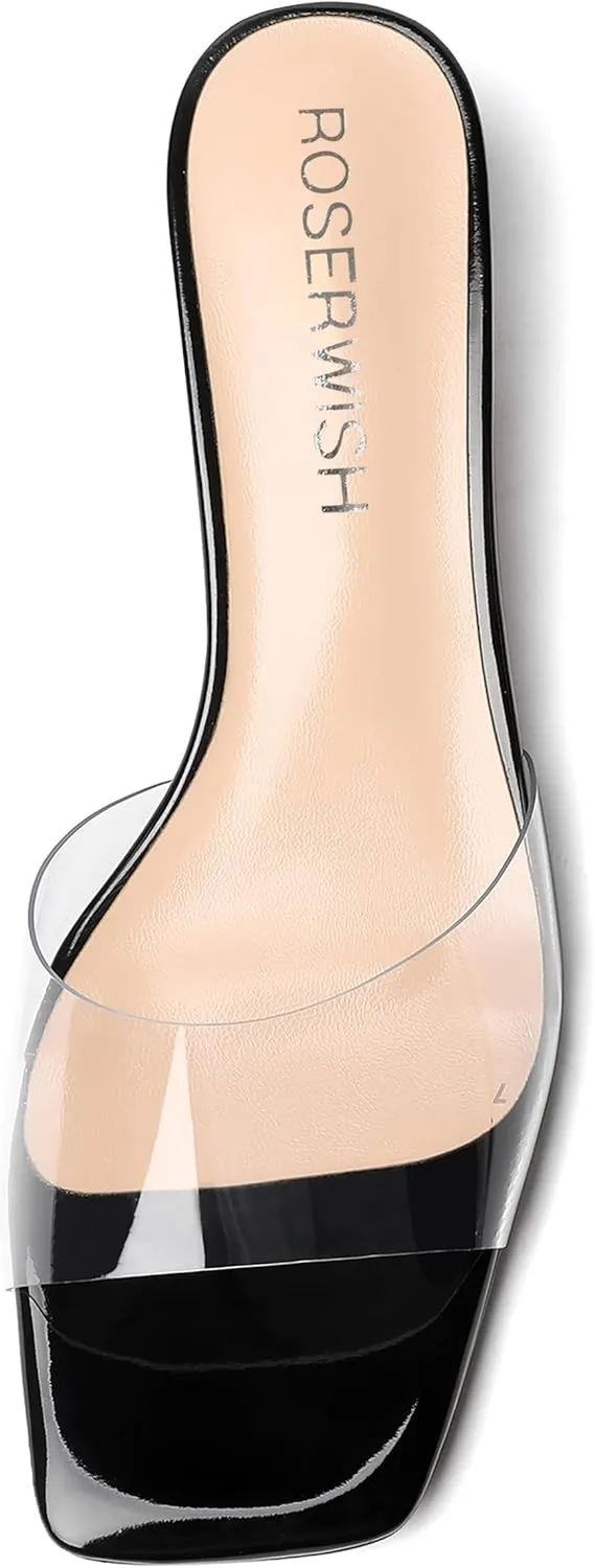 ROSERWISH Womens Dating Clear Transparent Open Toe Slip On Dress Patent Kitten Low Heel Heeled Sandals 2 Inch