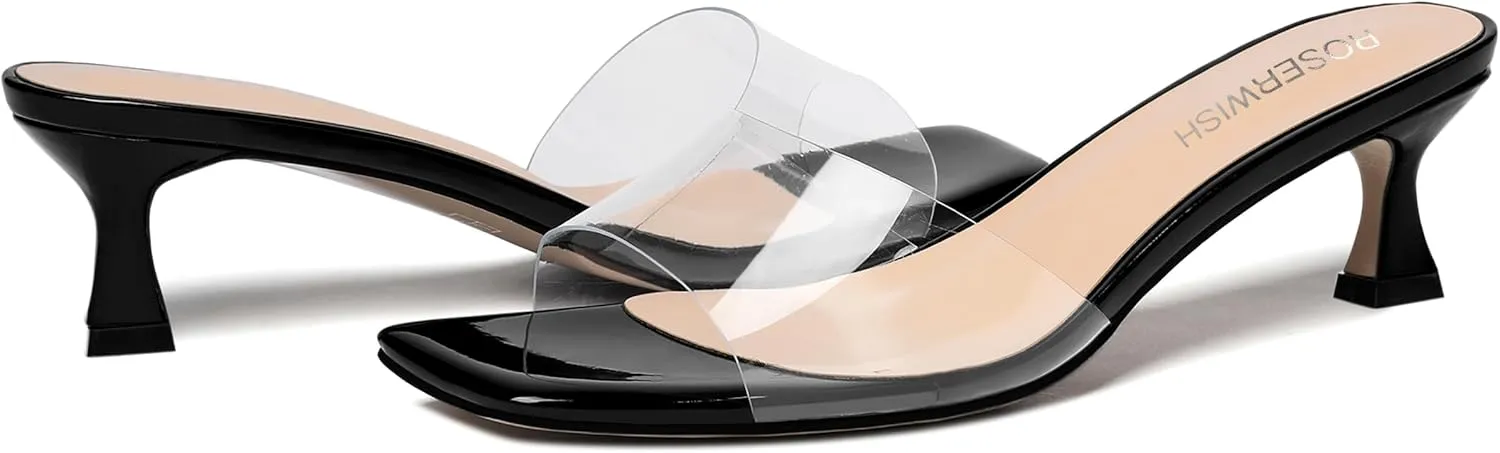 ROSERWISH Womens Dating Clear Transparent Open Toe Slip On Dress Patent Kitten Low Heel Heeled Sandals 2 Inch
