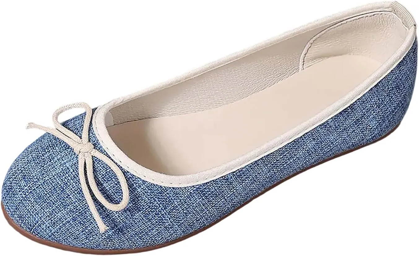 Round Toe Women Flat Shoes Bowknot Comfy Slip-On Fashion Denim Upper Ballet Flats Dressy Ladies Ballerine Shoes 2025