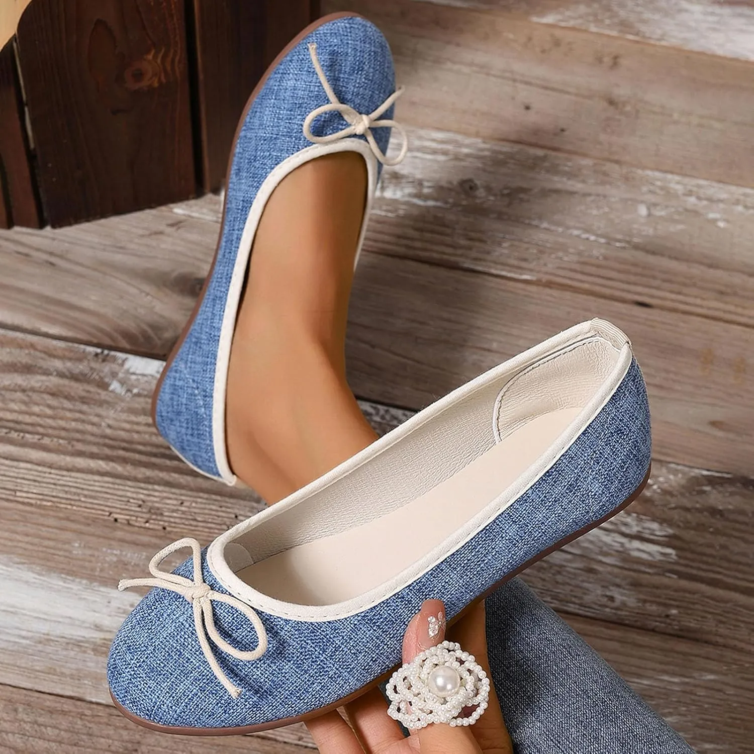 Round Toe Women Flat Shoes Bowknot Comfy Slip-On Fashion Denim Upper Ballet Flats Dressy Ladies Ballerine Shoes 2025