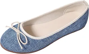Round Toe Women Flat Shoes Bowknot Comfy Slip-On Fashion Denim Upper Ballet Flats Dressy Ladies Ballerine Shoes 2025