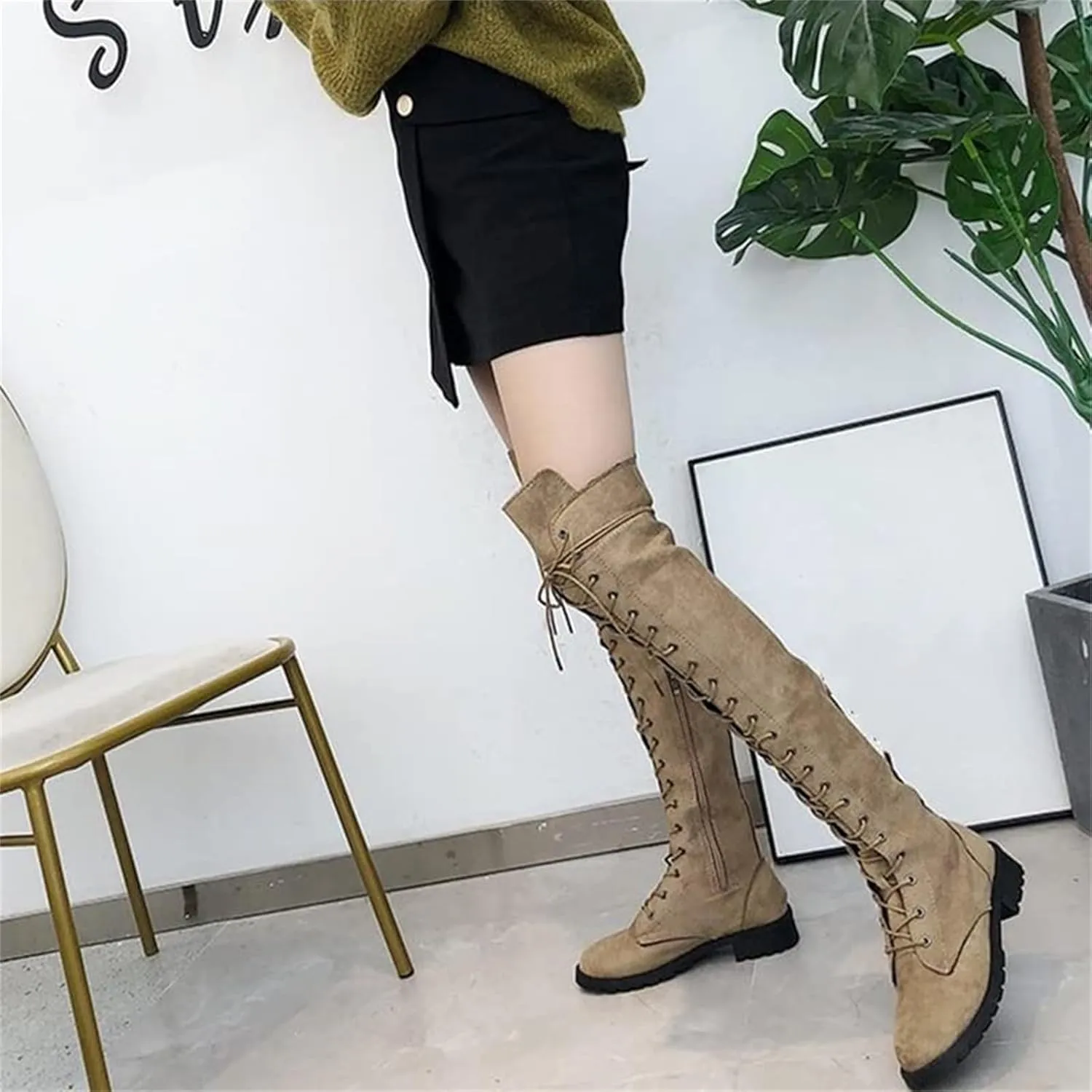 SACFOF Women's Over The Knee Low Heel Lace Up Tall Boots Thigh High Combat Casual Faux Suede Thigh High Riding Boots