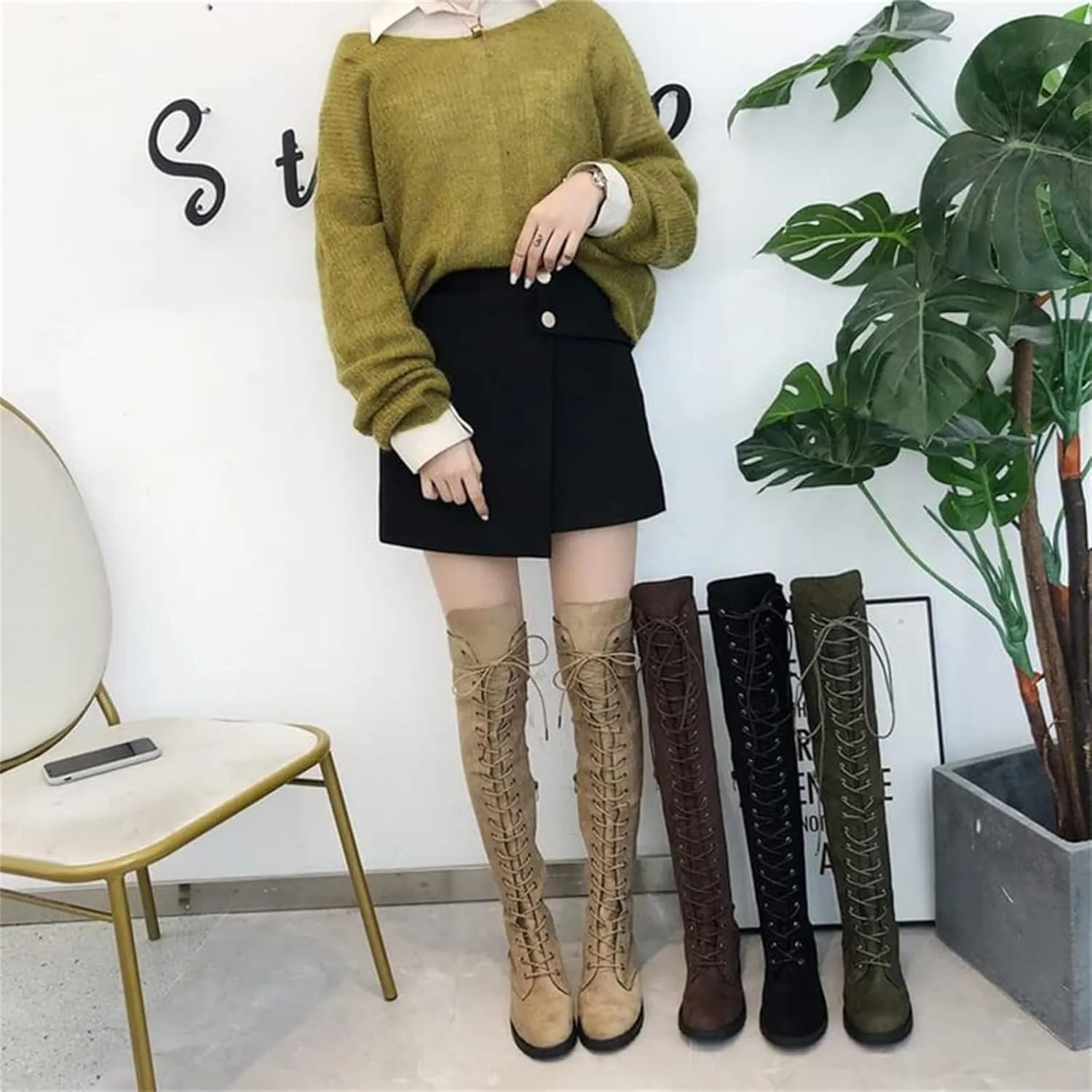 SACFOF Women's Over The Knee Low Heel Lace Up Tall Boots Thigh High Combat Casual Faux Suede Thigh High Riding Boots